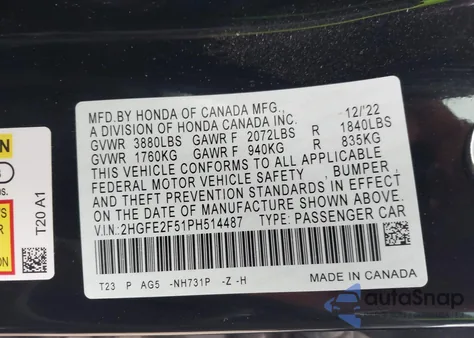 2023 Honda Civic Sport из США, поврежденный, VIN 2HGFE2F51PH514487